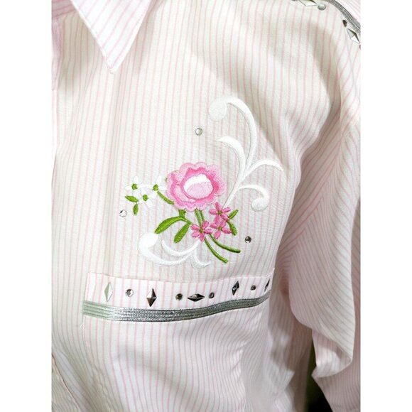 Las Olas Womens Button Up Shirt Size Med Long Sleeve Pink Striped Embroidered - Picture 8 of 11